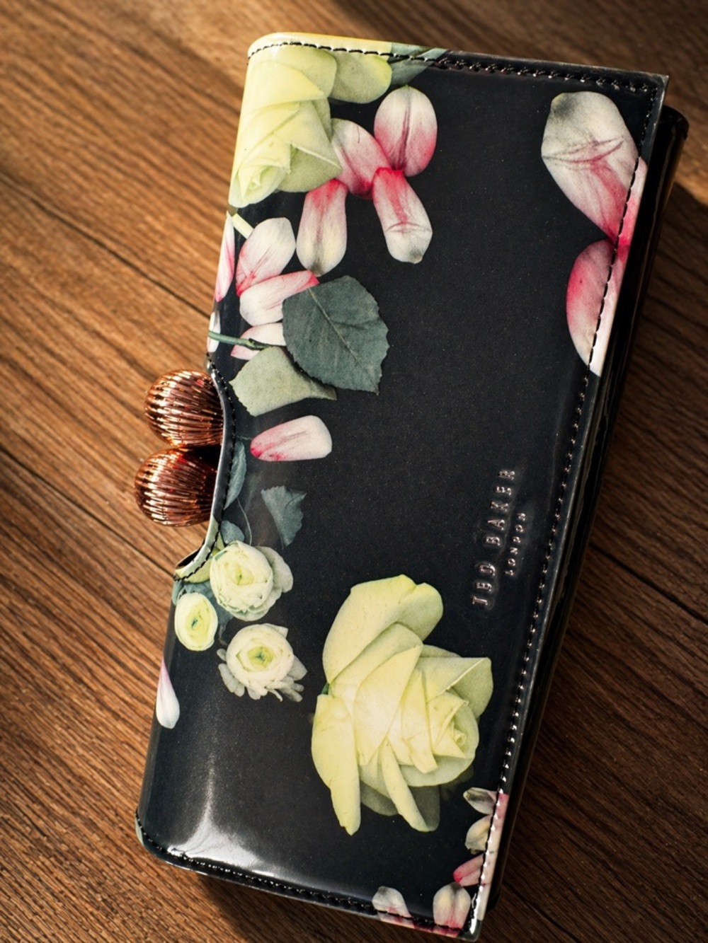 Ted Baker Black Floral Rose-Print Wallet with Rose-Gold Clasp